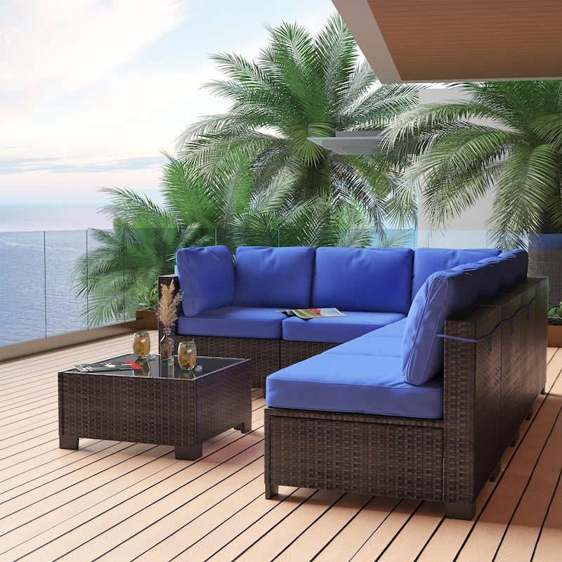 Patio Funiture Set 7 Pieces Outdoor Rattan with Detachable Soft Cushions Patio Conversation Sets