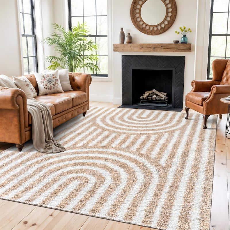 Abstract Arch Shag Rug - Medium Pile, Durable & Easy to Clean - Anthracite Dark Gray - Beige - 7' 10" x 10'