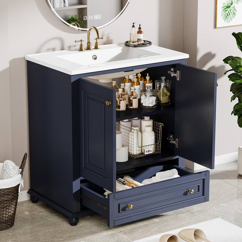 Modern Freestanding Solid Wood Bathroom Vanity with Ceramic Sink, Adjustable Shelf Storage