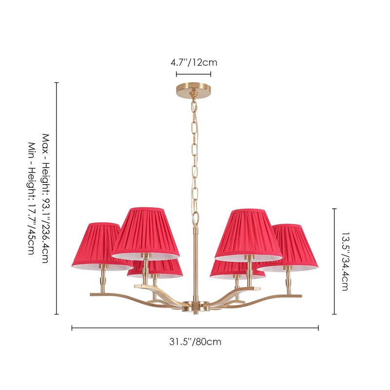 31.5" W Mid-Century Traditional Brass Finish Dimmbale Chandelier with Red Pleated Fabric Shades for Living & Dining Room