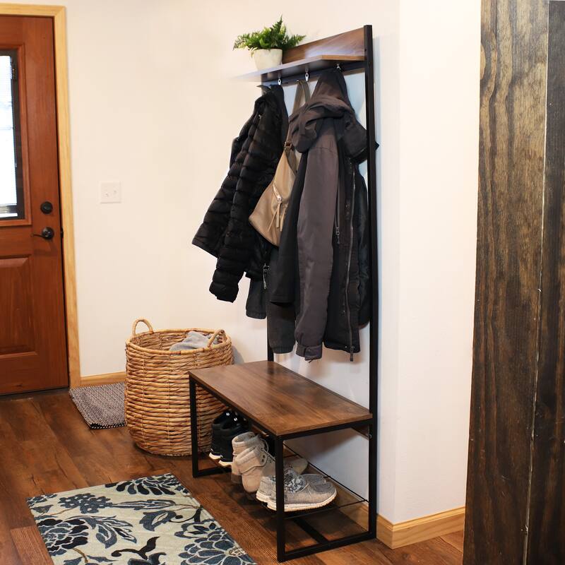 Industrial Style Hall Tree Bench with Coat and Shoe Rack