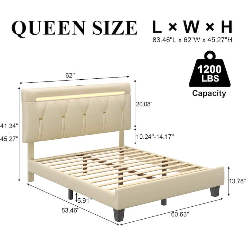 Platform Upholstered Bed Frame with LED Light and Charging Station Adjustable Headboard Wooden Slat Support No Box Spring Needed