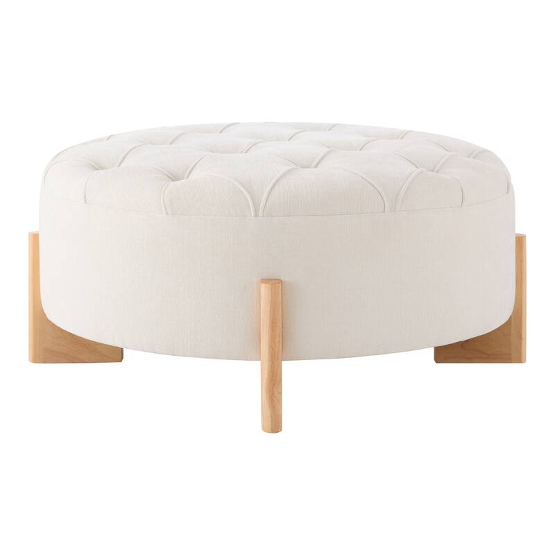 32" Round Tufted Ottoman with Solid Wood Legs, Modern Coffee Table with Tufted Buttons, Piping Lines, Chenille Fabric Footrest
