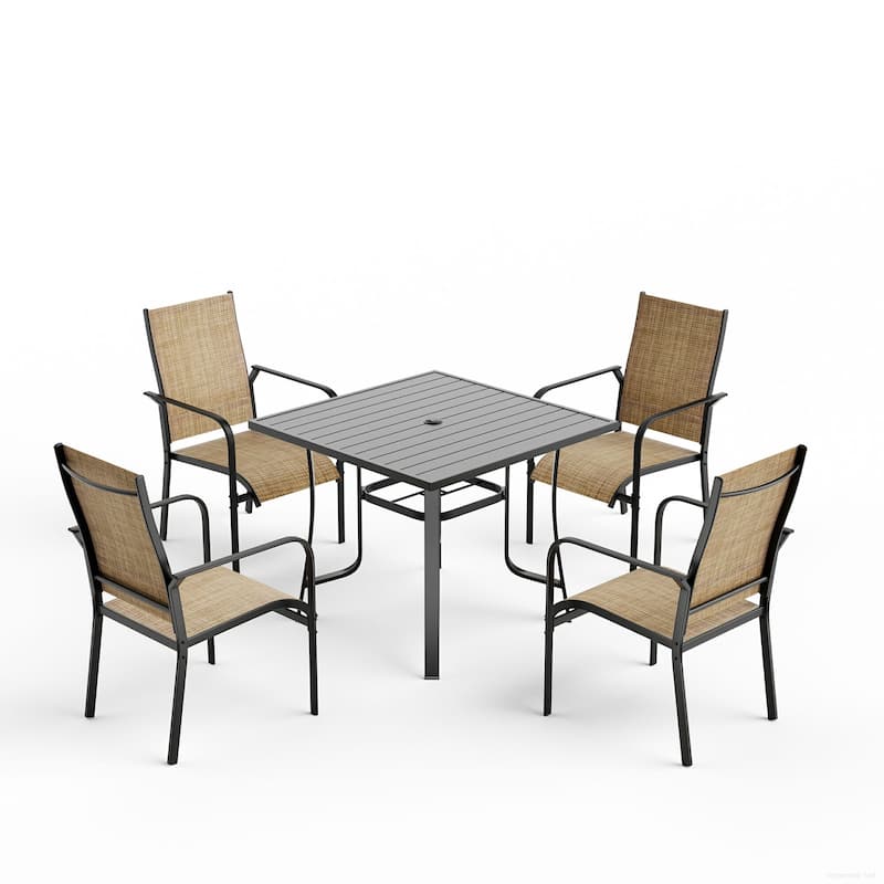 5/7/9-Piece Outdoor Patio Dining Set with Stackable Textilene Chairs and Slatted Table, Furniture with Adjustable Umbrella Hole
