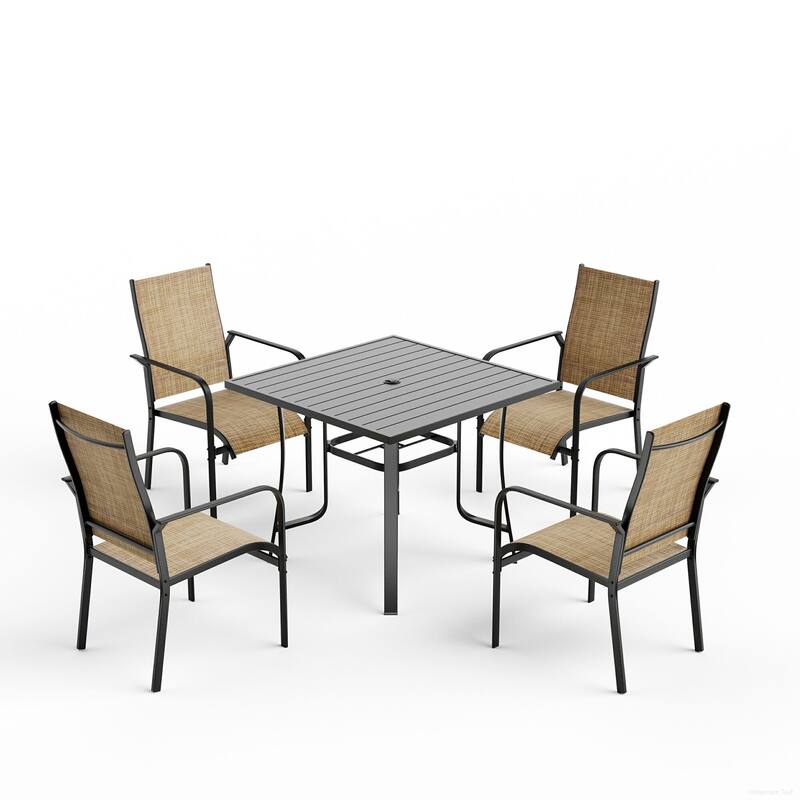 Patio Dining Set, Outdoor Dining Table and Chairs Set with Textilene Chairs, Adjustable Umbrella Hole for Garden, Backyard