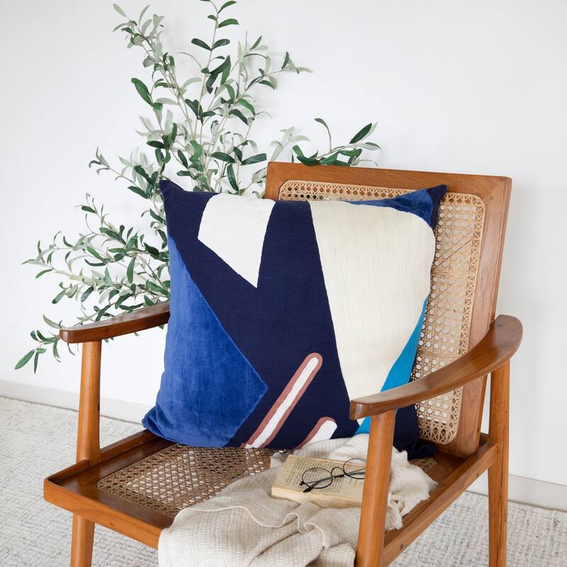 Handwoven Patchwork Embroidered Square Throw Pillow Cover - 20" - Blue and White