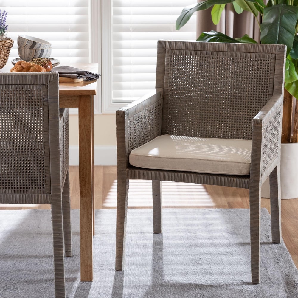 Karis Rattan Dining Chair - Handwoven Wicker Armchair with Mahogany Wood, Coastal Boho Style Indoor Seating