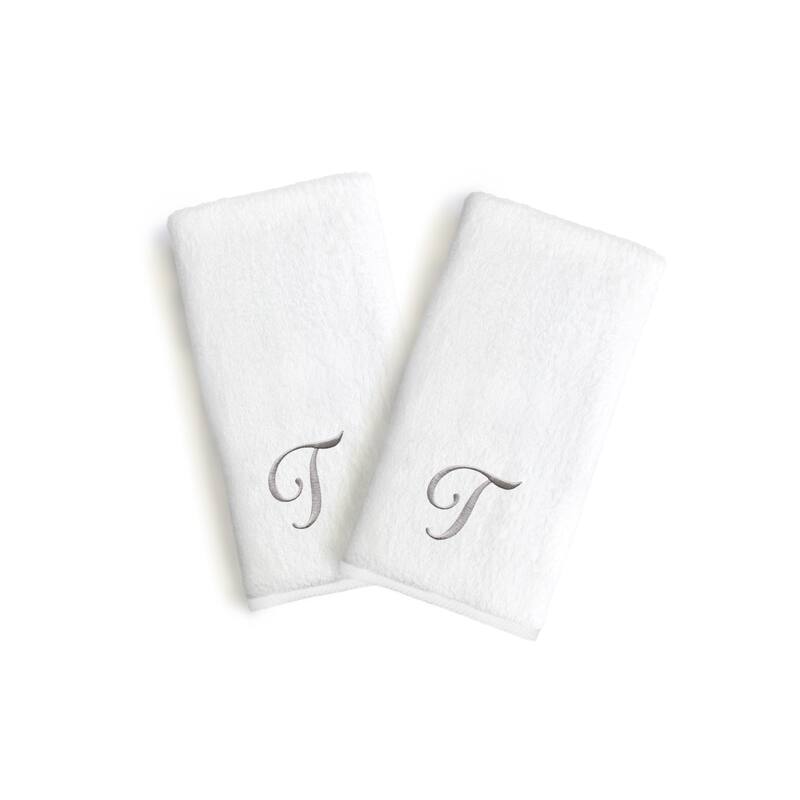 Copper Grove Belgrad 2-piece White Turkish Cotton Hand Towels with Grey Script Monogrammed Initial - White/T