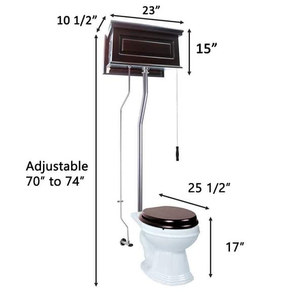 Dark Oak High Tank Pull Chain Toilet Raised Tank Round White Bowl and ...