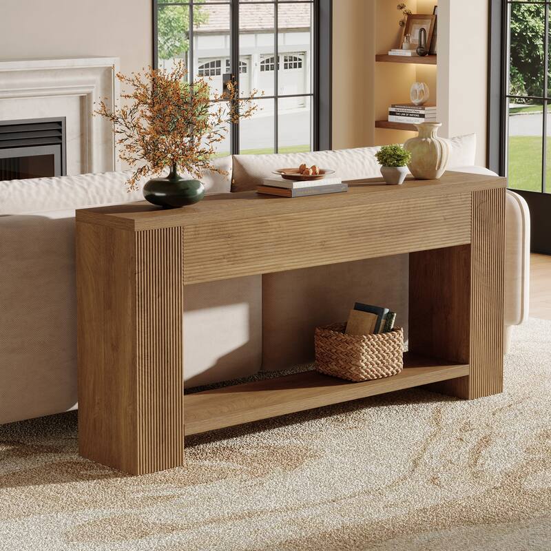 70.9-Inch Long Farmhouse Wooden Console Table wiht 2-tier Storage - 11.8" D x 70.86" W x 33.4" H