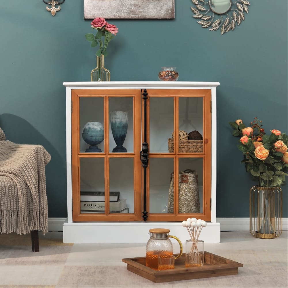 Sideboard Buffet Cabinet, Accent Wood Display Storage Cabinet with Glass Double Doors and Adjustable Shelves