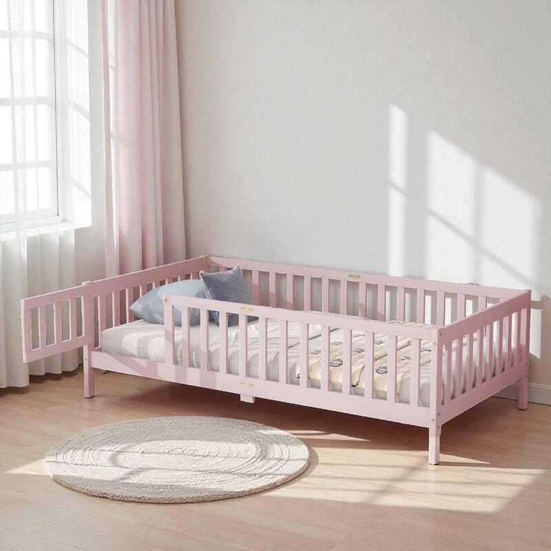 Twin Size Rubber Wood Floor Bed with Fence and Door, Montessori Platform Bed with Safety Guardrails for Kids
