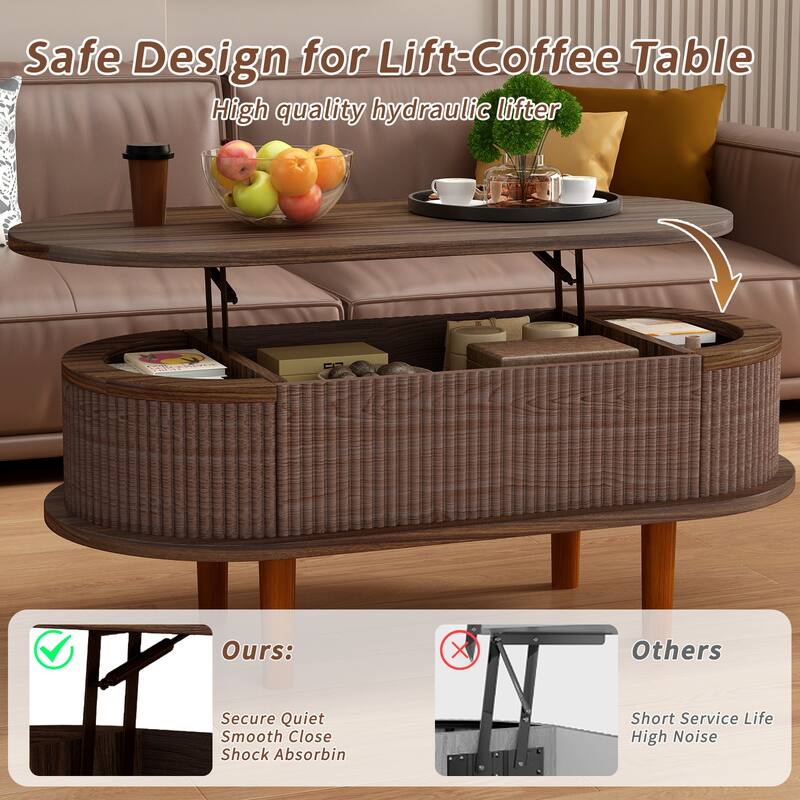 Minimalist Fluted Lift Top Coffee Table with Hidden Compartment, Walnut End Table Side Table Center Table