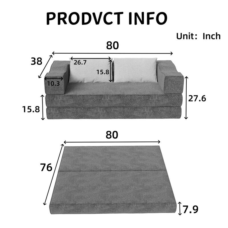 80" Convertible Sofa Bed with 2 Pillows, 2-Seat Folding Floor Couch, Multifunctional Chenille Loveseat Living Room Sleeper Sofa