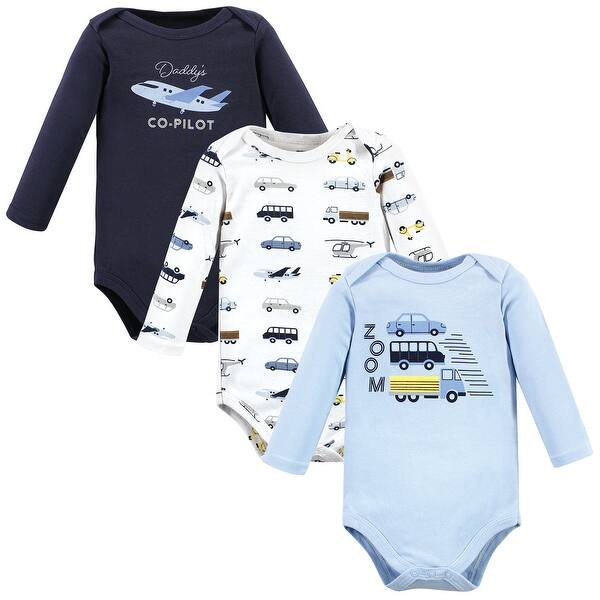 slide 1 of 1, Hudson Baby Infant Boys Cotton Long-Sleeve Bodysuits, Vehicles 0-3 Months - Vehicles