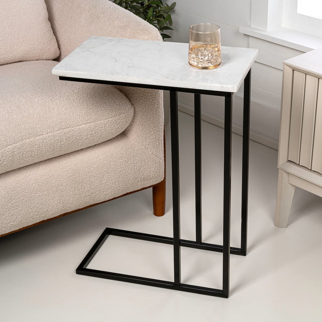 Caius 24.25" Industrial Metal C-Shaped End & Side Table w/ White Marble Top, By JONATHAN Y