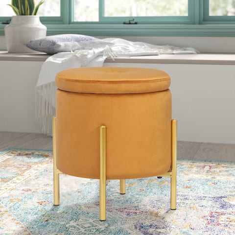 ADECO Modern Upholstered Velvet Storage Ottoman Round Vanity Chair