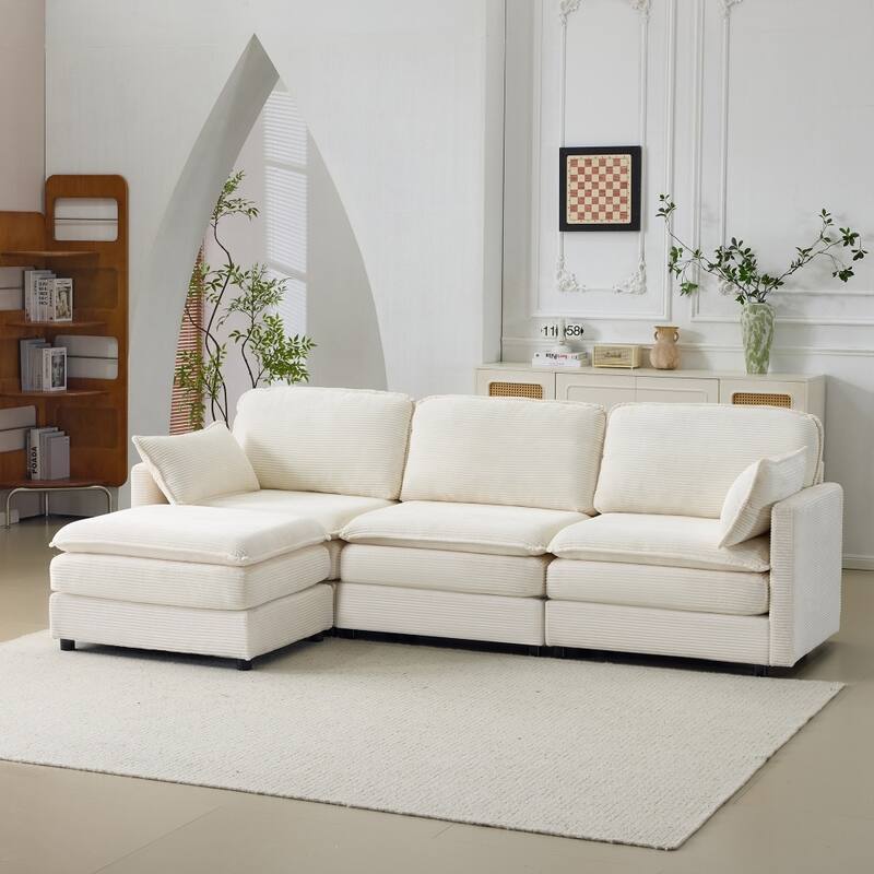 104" Modular 3 Seater Sofa with Ottoman,Beige Chenille Cushions and 2 Throw Pillows