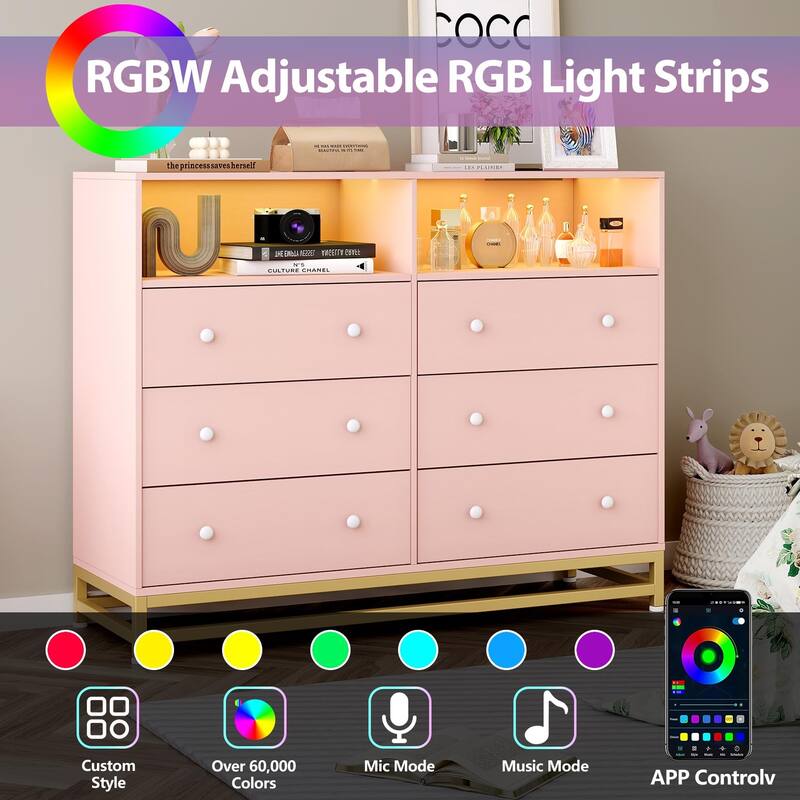 6-Drawer Double Dresser for Bedroom, Wooden TV Stand with LED Lights & Power Outlet, Storage Cabinet for Closet
