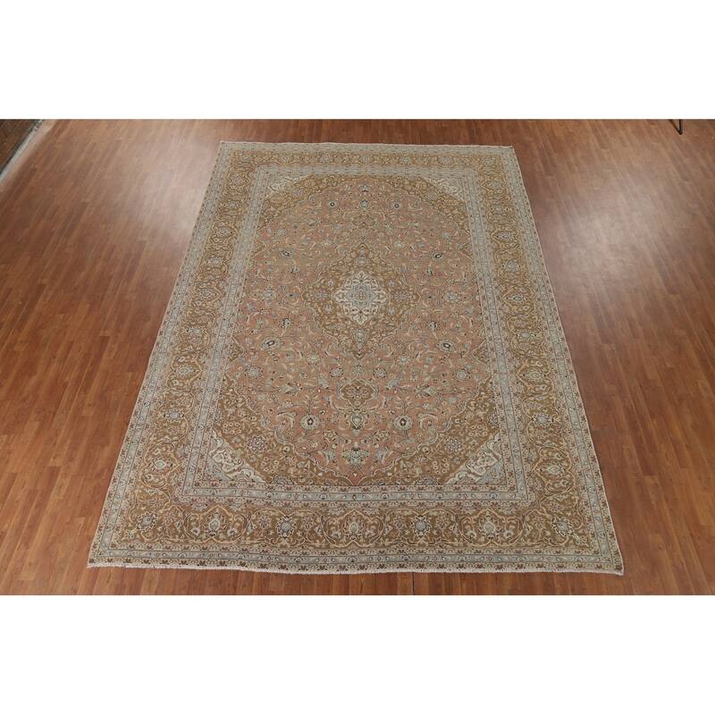 Traditional Kashan Vintage Persian Rug Hand-Knotted Pink Wool Carpet - 9'6" x 13'0"