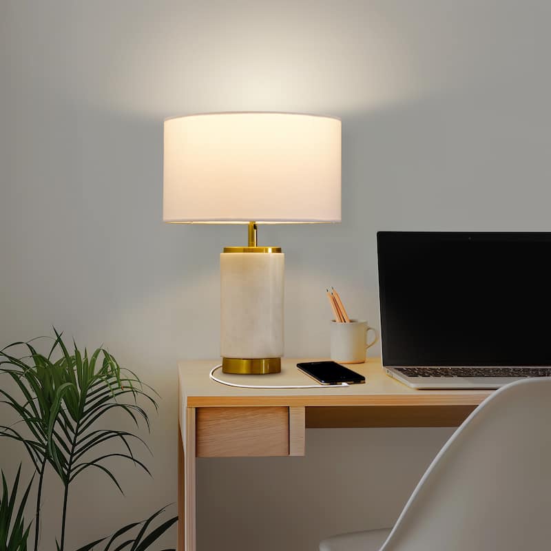 Brightech Arden 17 in. Marble Mid-Century Modern LED Table Lamp with Fabric Drum Shade and Built-In Charging Port