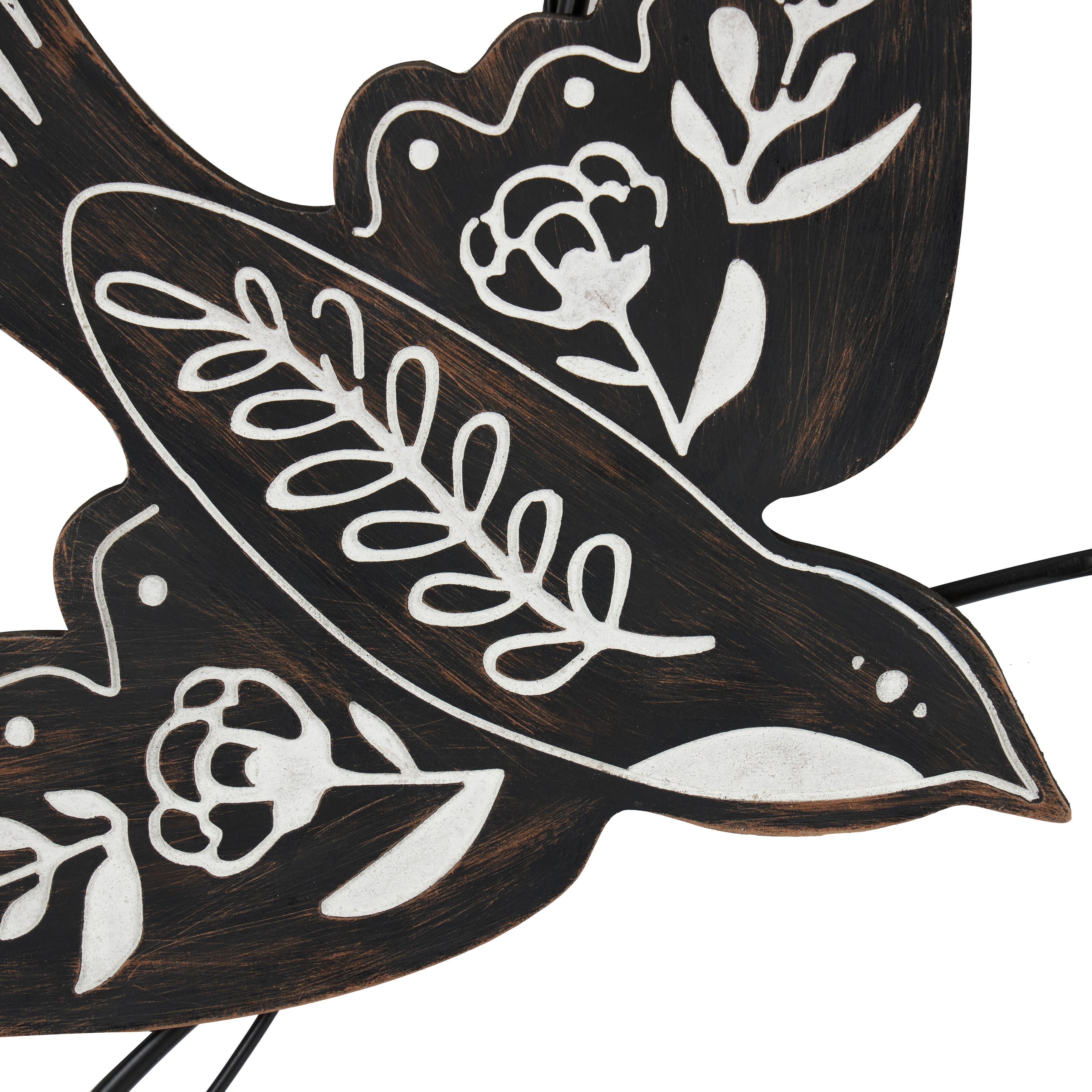 Black Metal Open Frame Wire Bird Wall Decor with White Floral Patterns