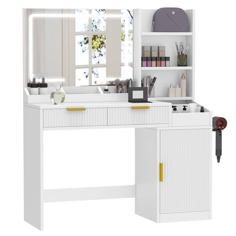 Moasis Makeup Vanity Desk with Power Outlet and 2 Drawers&3 Color Lighting Modes