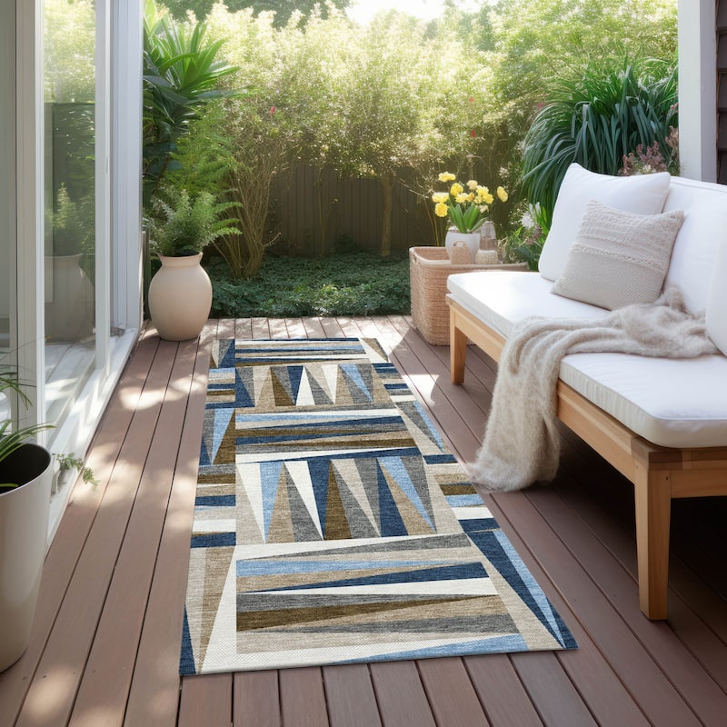 Machine Washable Indoor/ Outdoor Contemporary Mosaic Chantille Rug - Navy - 2'3" x 7'6"