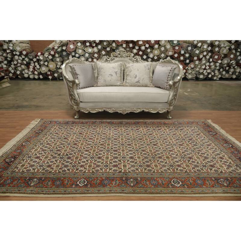Hand Knotted Oriental 100% Wool Carpet Traditional Geometric Beige & Ivories Tabriz Area Rug - 9' 9'' X 6' 3''