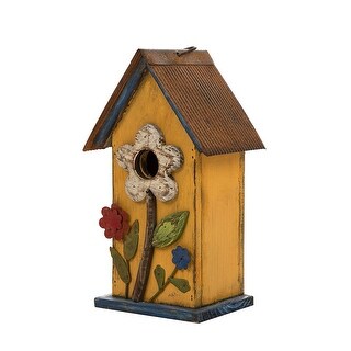 Glitzhome 10"H Multicolor Cute Distressed Solid Wood Birdhouse with 3D Flowers