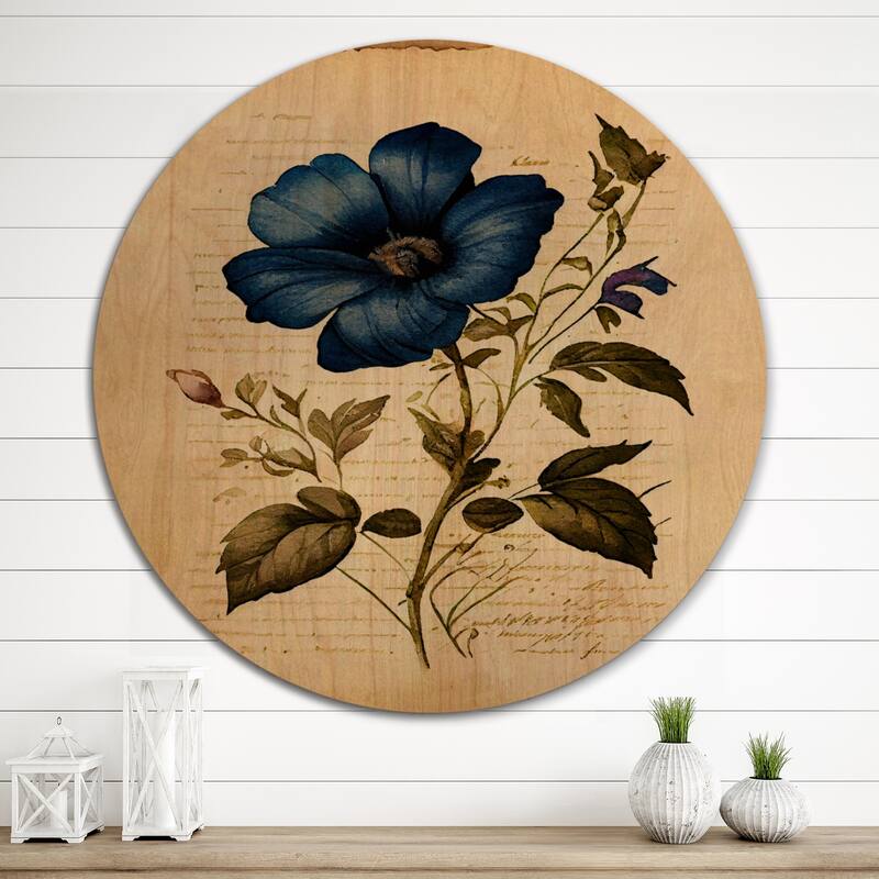 Designart "Blossoming Blue Retro Flower I" Floral Wood Wall Art - Natural Pine Wood