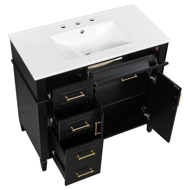 36 Inch Single Sink Bathroom Vanity Cabinet with 4 Drawers, Vanity Base & Ceramic Basin Set