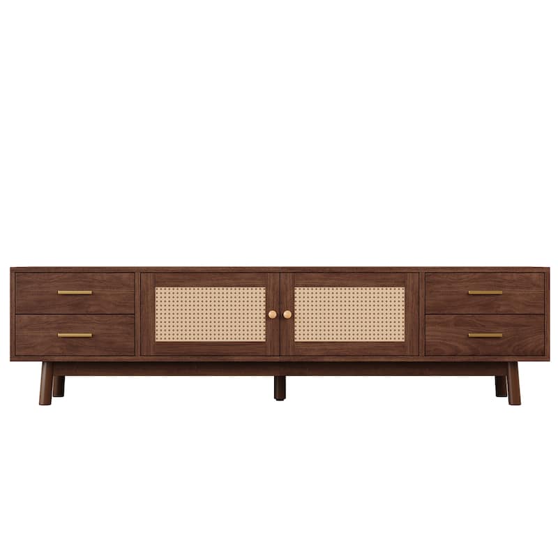 Modern 70" TV Stand with Rattan Doors for TVs up to 80", Media Console Entertainment Center with Drawers