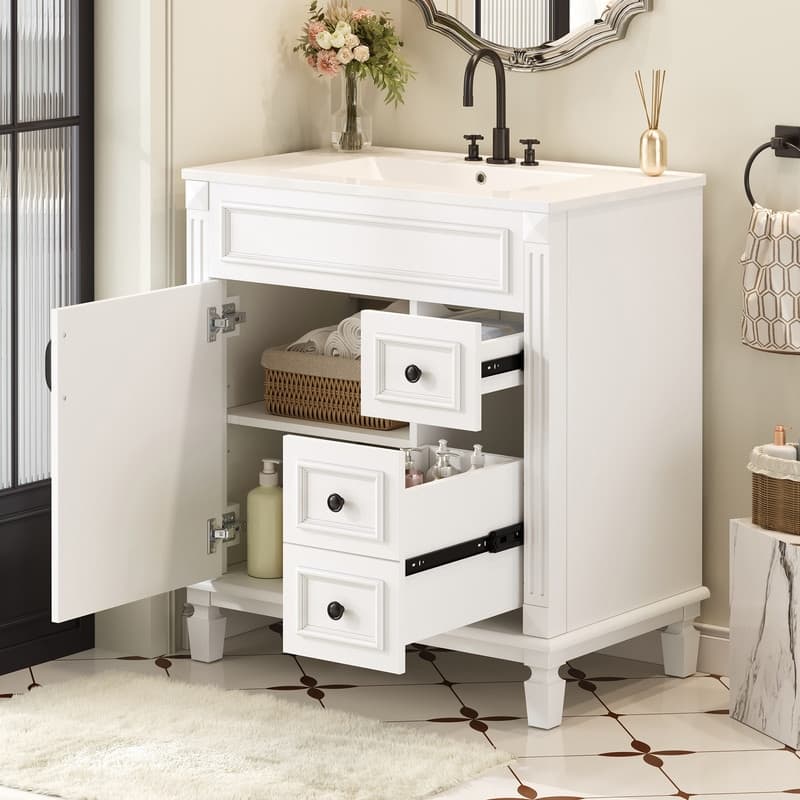 30" Bathroom Vanity with Ceramic Sink, 2 Drawers and Adjustable Shelf - White