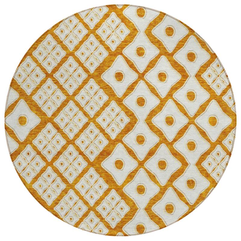 And Ivory Round Geometric Washable Indoor Outdoor Area Rug - 8' Round