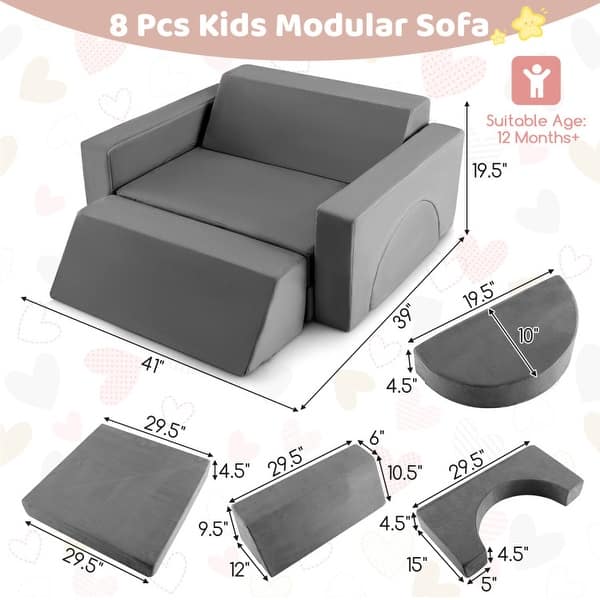 8 Pieces Kids Modular Play Sofa with Detachable Cover for Playroom and Bedroom - 41.5" x 39.5" x 19" (L x W x H)