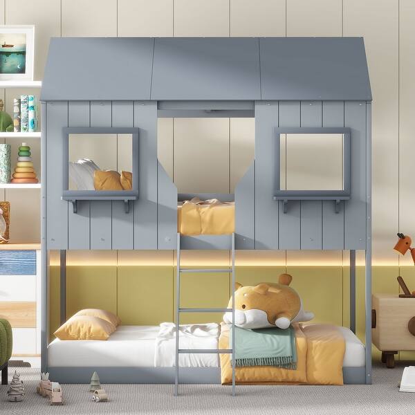 slide 2 of 12, Twin Over Twin Wood Bunk Bed with Roof, Window & Guardrail, Gray