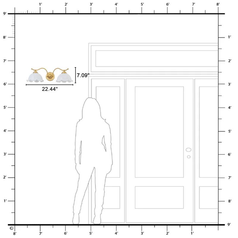 2-Light Gold Metal Wall Sconce with Flower Milky White Glass Shades