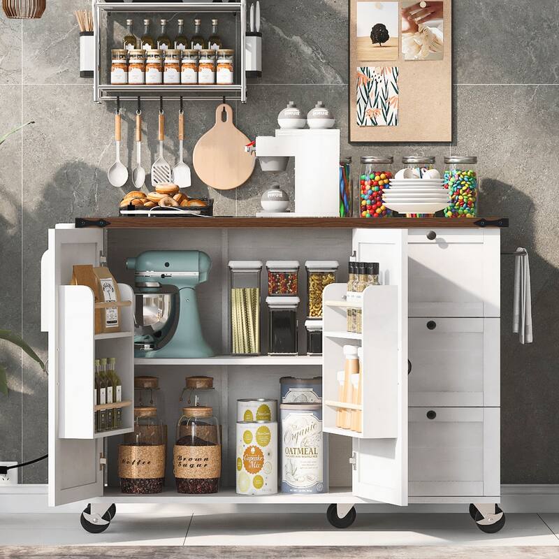 Kitchen Storage Island with Internal Storage Rack, Drop Leaf, Spice Rack, Rolling Kitchen Cart on Wheels