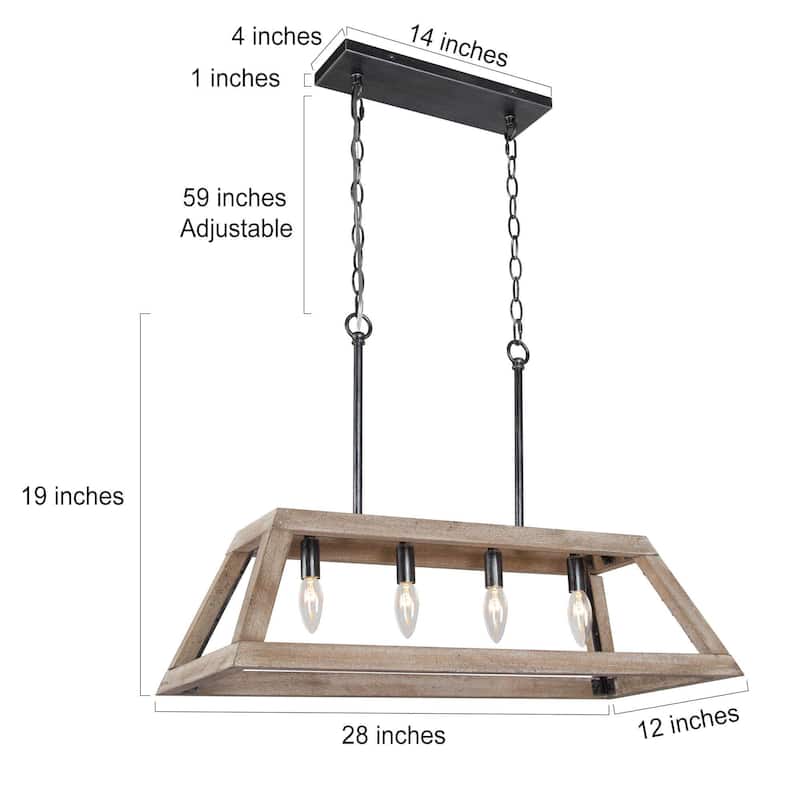 Farmhouse 4-Light Wood Linear Chandelier Island Lights for Dining Room - L28" xW12.2 "xH7.5"