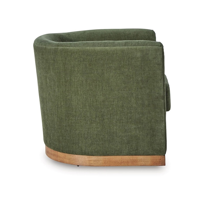 Swivel Accent Chair, Green Cushioned Fabric, Barrel Style, Brown Wood Base