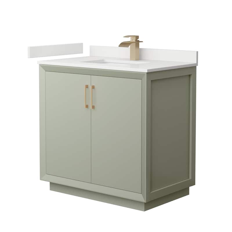 Wyndham Collection WCF414136S-QTZ-UNSMXX Strada 36" Free Standing - Light Green / White Quartz Top / Satin Bronze