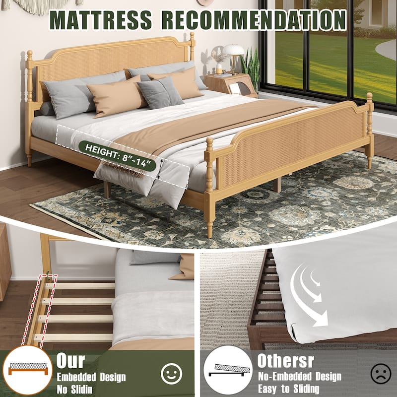 Rattan King Size Platform Bed Frame - Handwoven Rattan Headboard and Footboard, Solid Pine Wood, No Box Spring Needed , Walnut