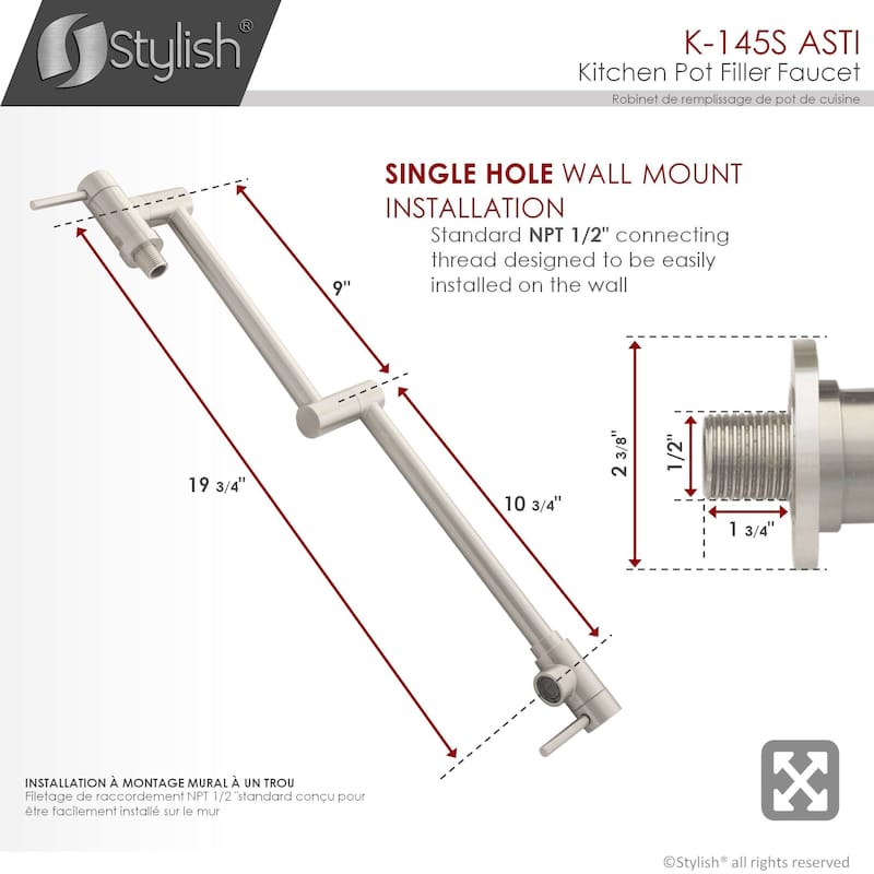 STYLISH Stainless Steel Wall Mount Pot Filler Folding Stretchable with Single Hole Two Handles