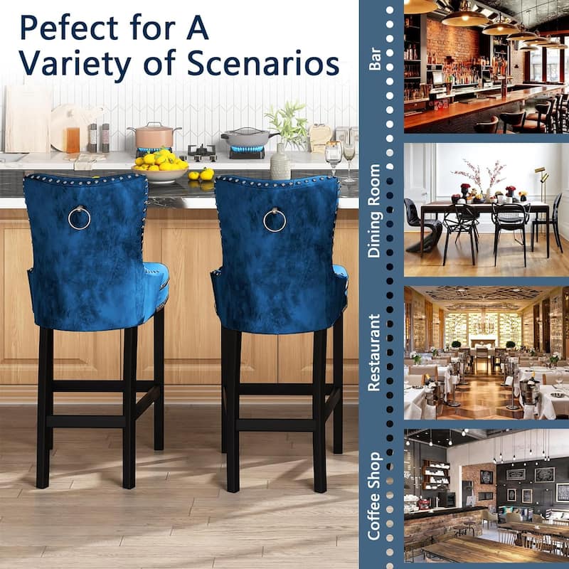 Mieres Farmhouse Kitchen Island Stools, Velvet Tufted Bar Stools with Back and Footrest (Set of 2) - N/A