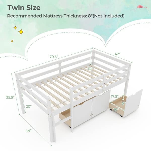 dimension image slide 0 of 2, Twin Size Low Loft Bed with 3 Drawers with Ladder and Full-length Guardrails