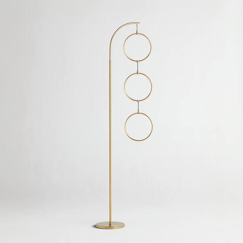 Brightec Nova 74 in. Antique Brass Dimmable LED Arc Standing Floor Lamp with 3 Ring-Style Light Pendants