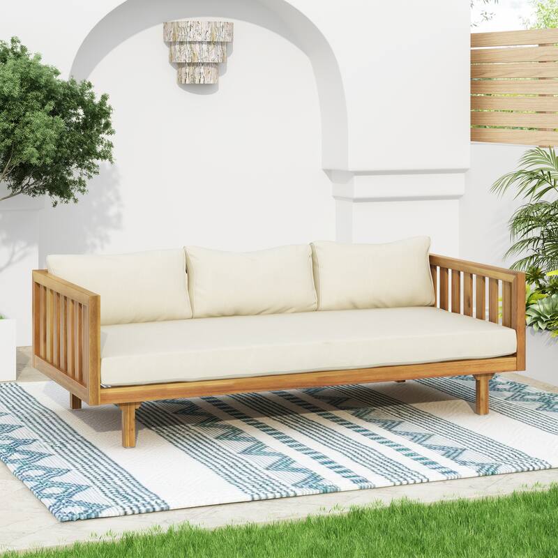 Acacia Wood Daybed Slat Panel Design Water Resistant Cushions Outdoor Patio