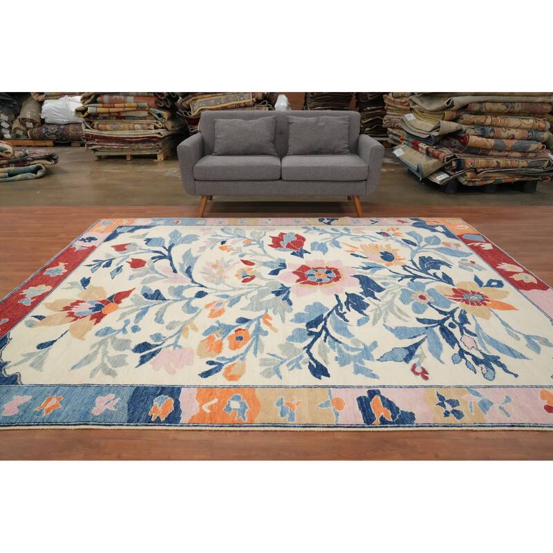 Hand Knotted Oriental 100% Wool Carpet Transitional Floral Beige & Ivories Oushak Area Rug - 9' 11'' X 8' 4''