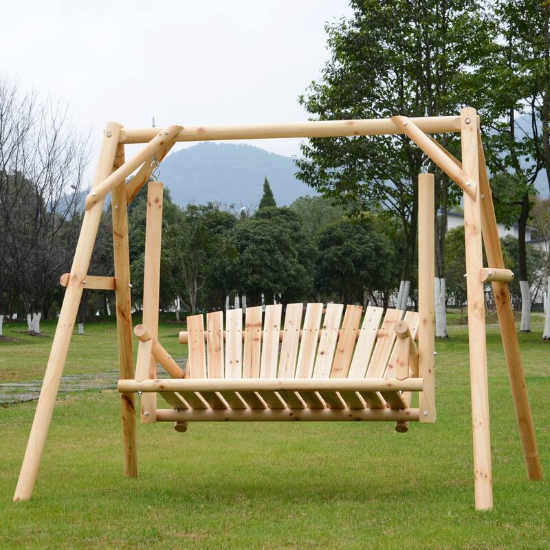 Outsunny 6.5' Outdoor Rustic Loveseat 2 Person Freestanding Solid Wood Natural Log Garden Swing - Natural